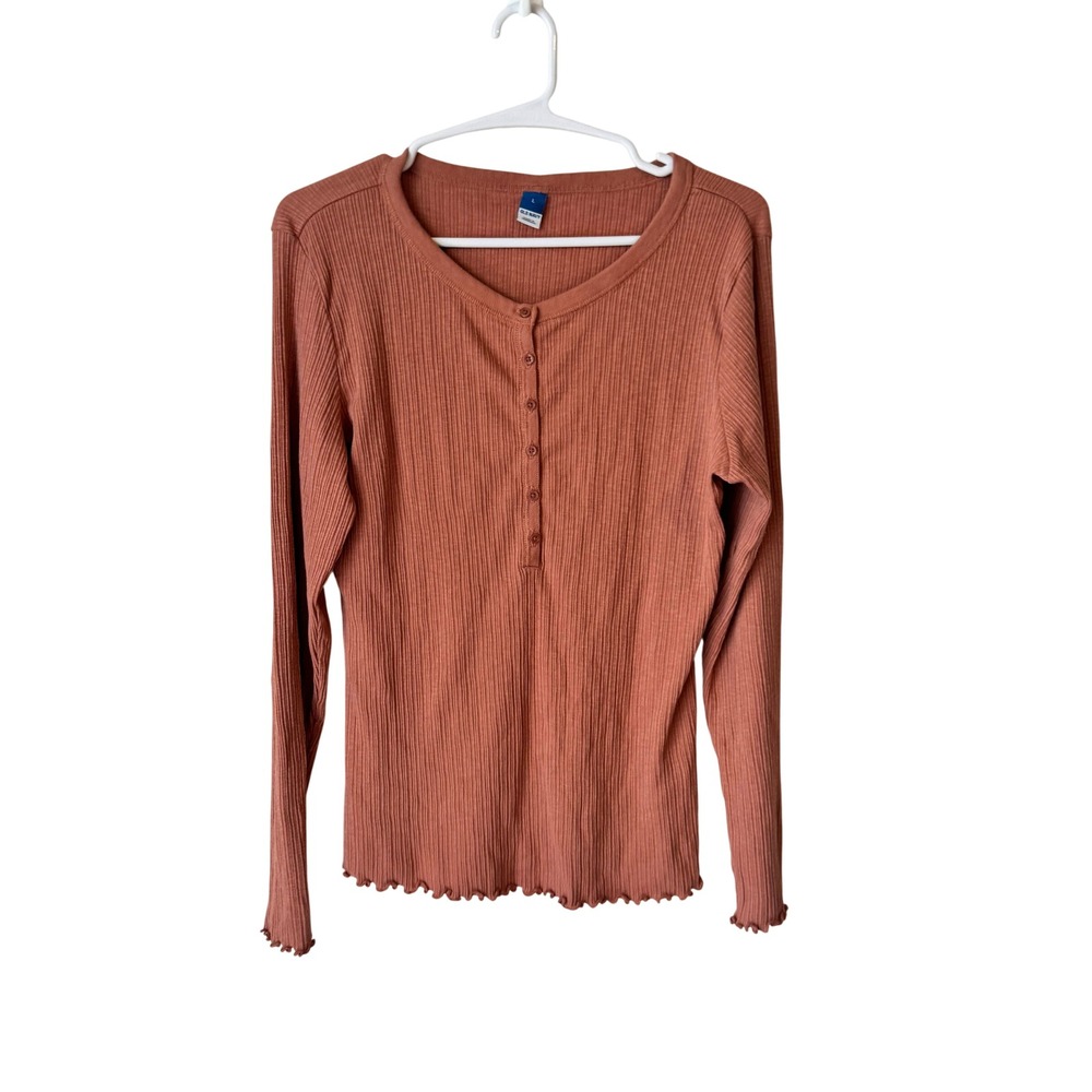 Old Navy Womens Large Terracotta Rust Ribbed Henley Long Sleeve Lettuce Edge Top